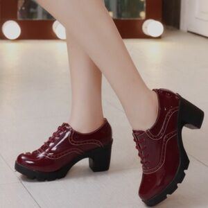 DADAWEN Women's Lace-up Platform Oxfords Mid Block Heel Brogue Shoe Patent *Read